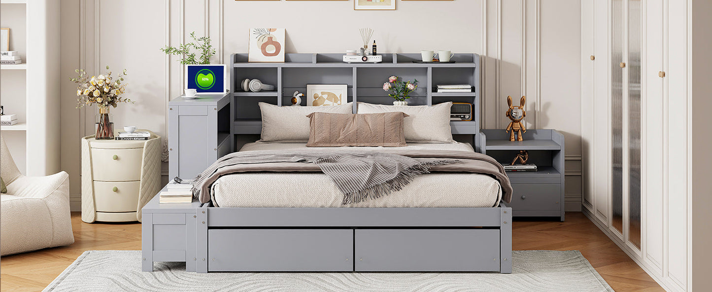 Full Size Wooden Platform Bed With Multi Functional Storage Space, Nightstand, 2 Drawers, Usb Ports And Desk, Gray Full Gray Wood