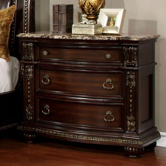 Formal Traditional 1Pc Nightstand Only Brown Cherry Solid Wood 3 Drawers Bedroom Furniture Genuine Marble Top Brown Brown 3 Drawers Bedroom Bedside Cabinet Traditional Drawers Cherry Solid Wood