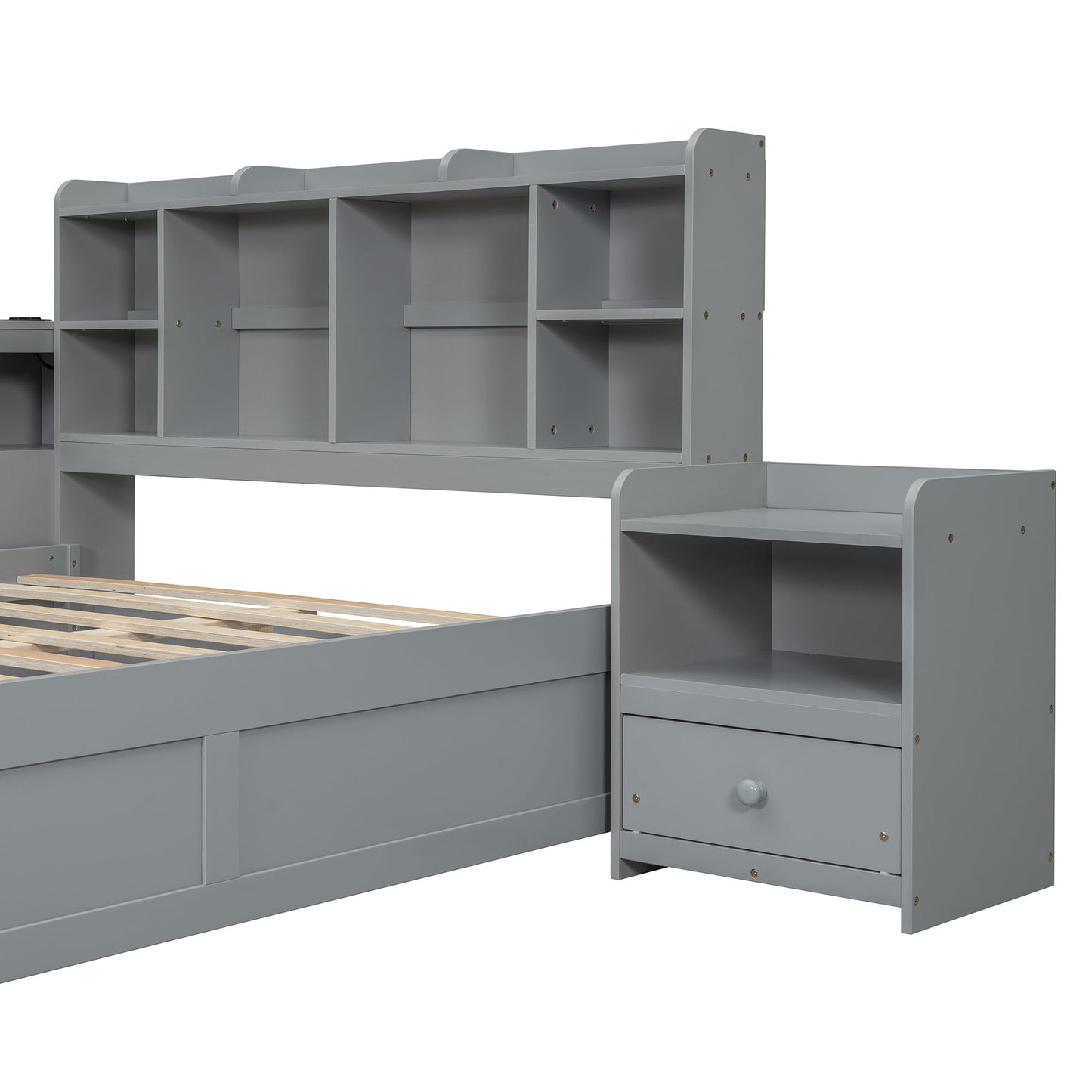 Full Size Wooden Platform Bed With Multi Functional Storage Space, Nightstand, 2 Drawers, Usb Ports And Desk, Gray Full Gray Wood