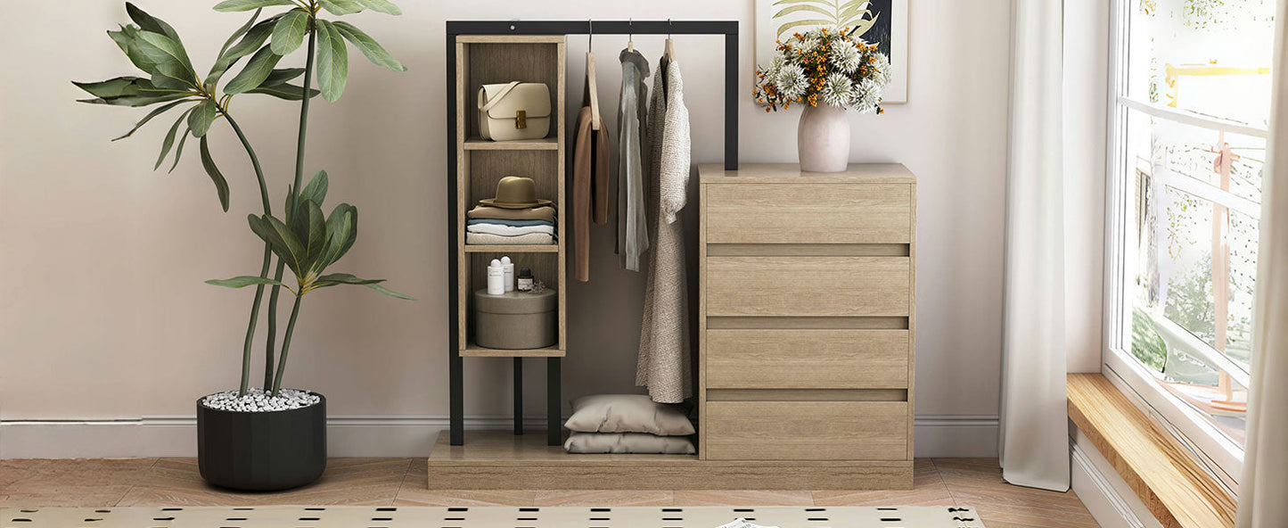 Wardrobe With 4 Drawers And 3 Shelves,Natural Natural Mdf Metal