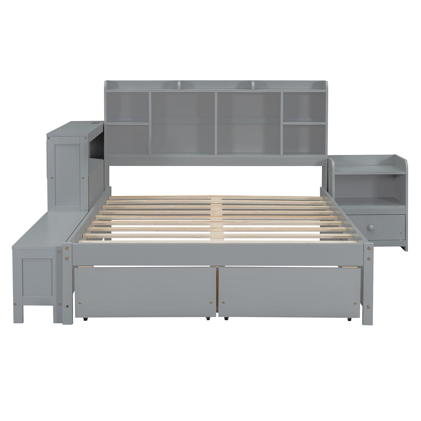 Full Size Wooden Platform Bed With Multi Functional Storage Space, Nightstand, 2 Drawers, Usb Ports And Desk, Gray Full Gray Wood