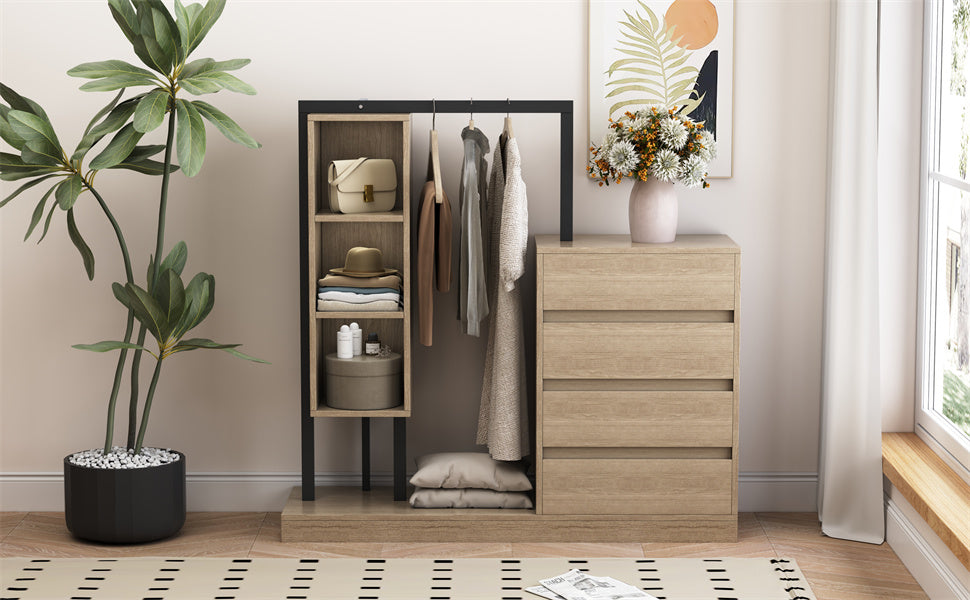 Wardrobe With 4 Drawers And 3 Shelves,Natural Natural Mdf Metal