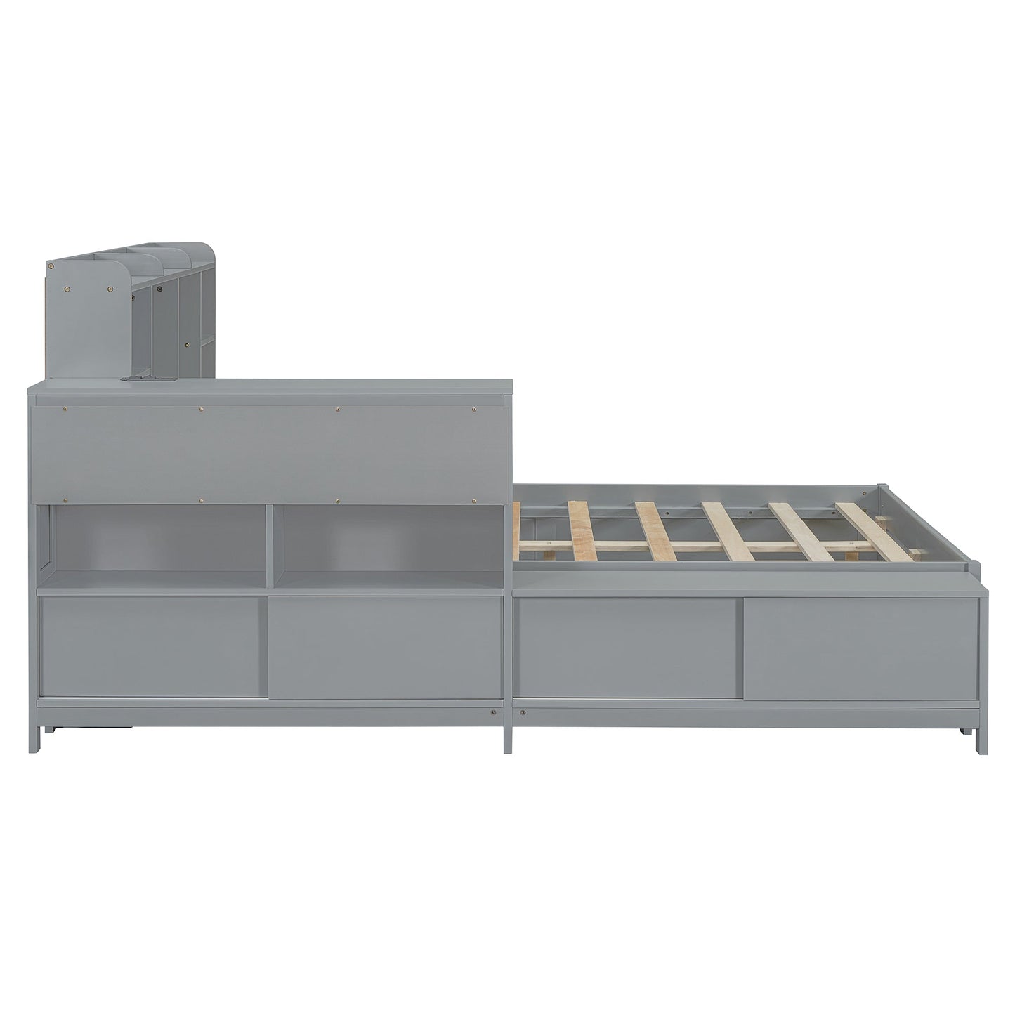 Full Size Wooden Platform Bed With Multi Functional Storage Space, Nightstand, 2 Drawers, Usb Ports And Desk, Gray Full Gray Wood