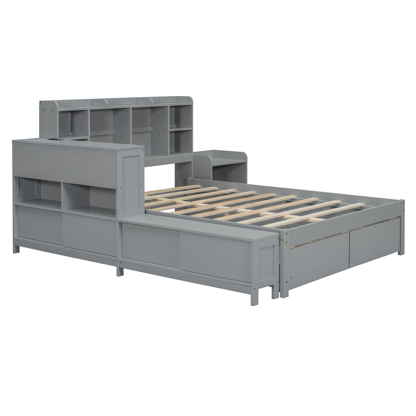 Full Size Wooden Platform Bed With Multi Functional Storage Space, Nightstand, 2 Drawers, Usb Ports And Desk, Gray Full Gray Wood