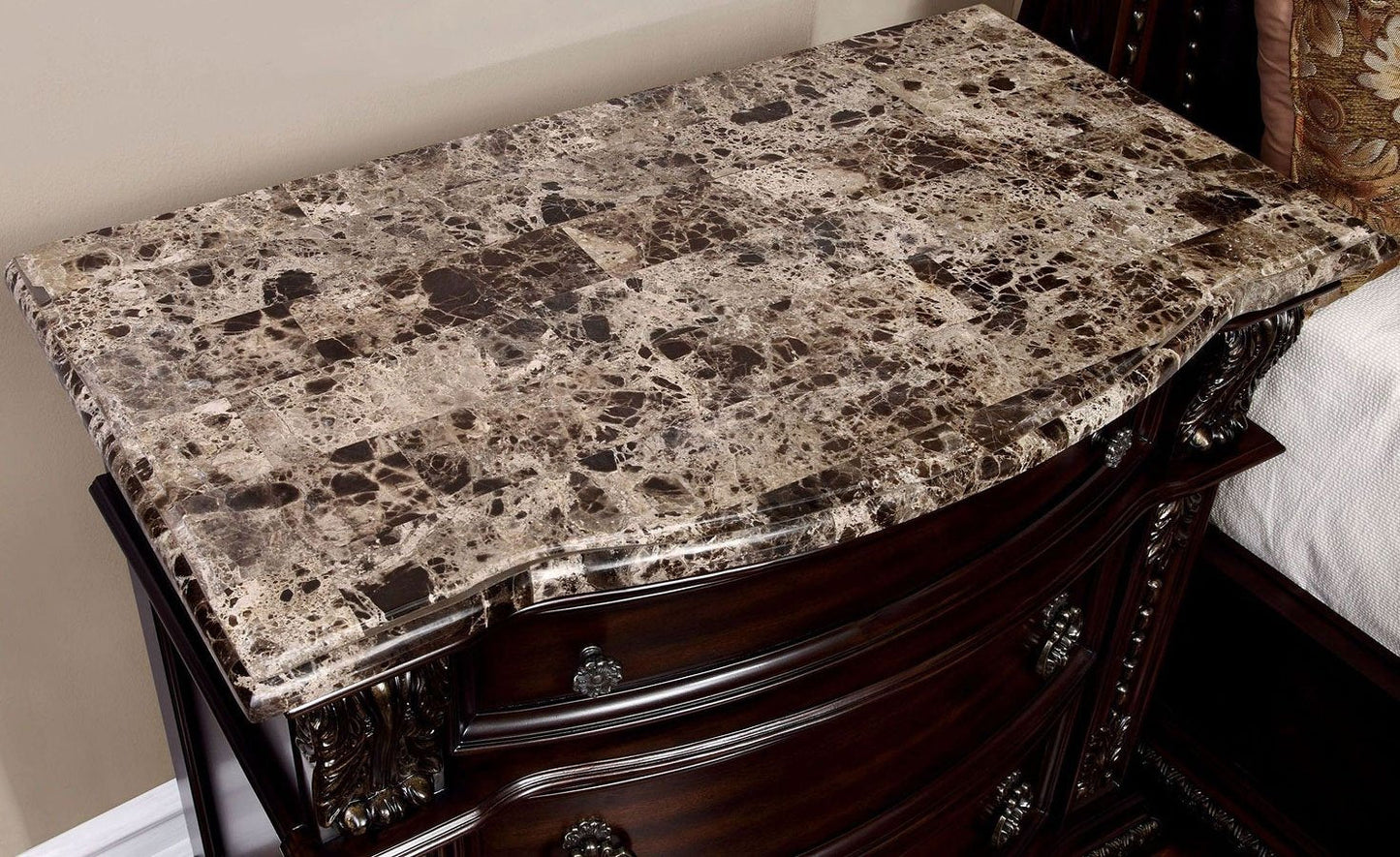 Formal Traditional 1Pc Nightstand Only Brown Cherry Solid Wood 3 Drawers Bedroom Furniture Genuine Marble Top Brown Brown 3 Drawers Bedroom Bedside Cabinet Traditional Drawers Cherry Solid Wood