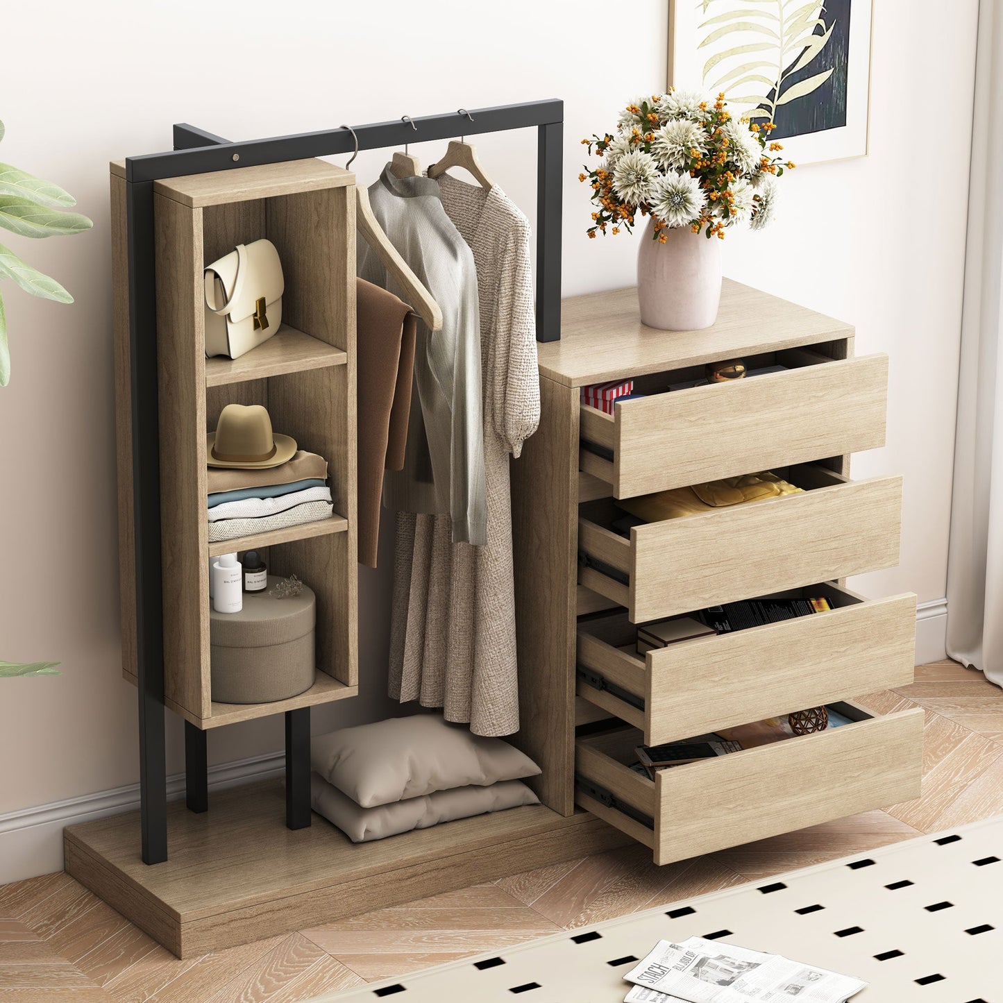 Wardrobe With 4 Drawers And 3 Shelves,Natural Natural Mdf Metal