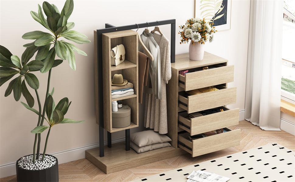 Wardrobe With 4 Drawers And 3 Shelves,Natural Natural Mdf Metal