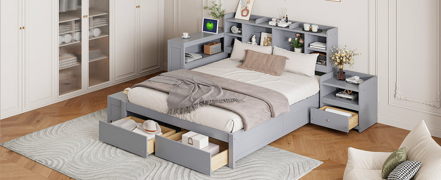 Full Size Wooden Platform Bed With Multi Functional Storage Space, Nightstand, 2 Drawers, Usb Ports And Desk, Gray Full Gray Wood