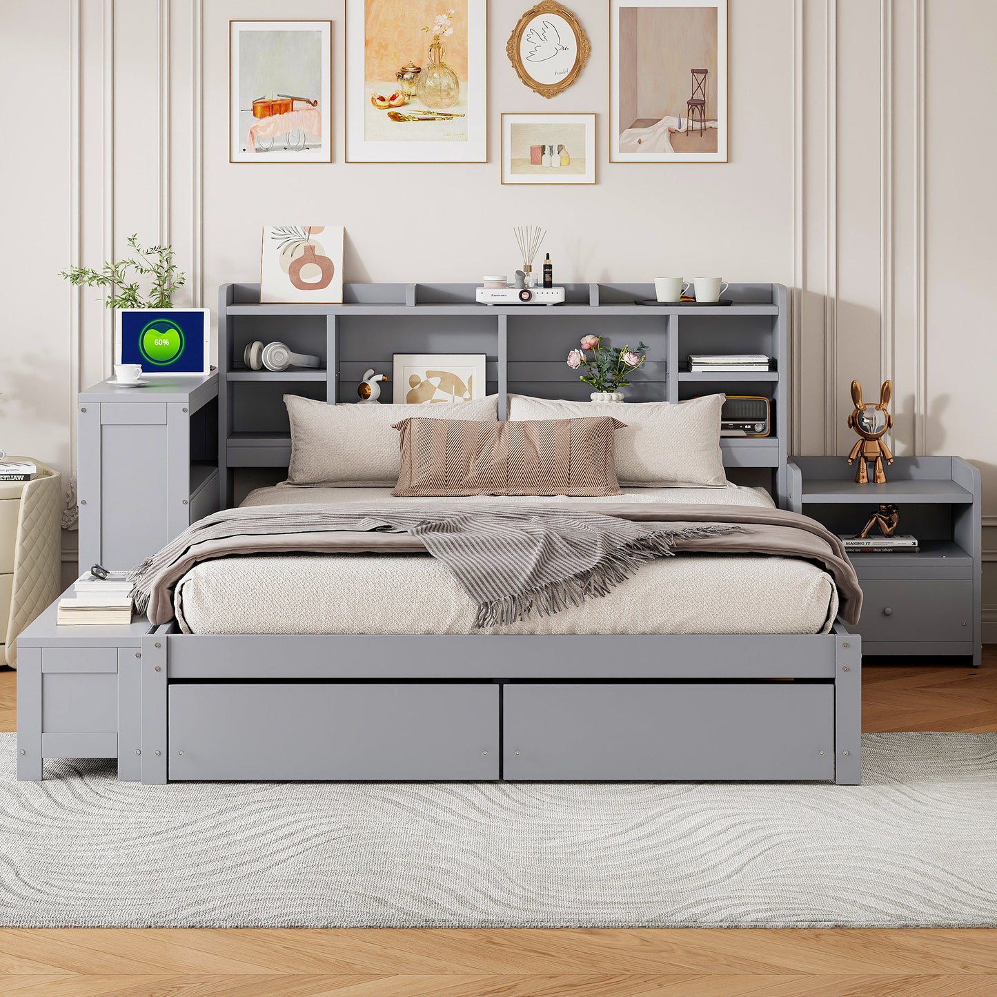 Full Size Wooden Platform Bed With Multi Functional Storage Space, Nightstand, 2 Drawers, Usb Ports And Desk, Gray Full Gray Wood