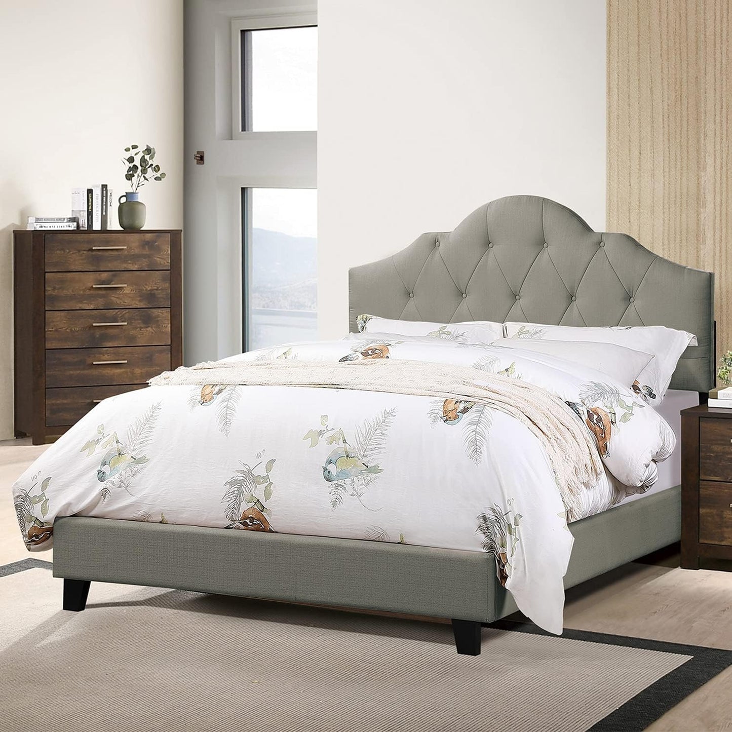 Majestic Arch 1Pc California King Size Bed Adjustable Hb Grey Polyfiber Tufted Upholstered Wooden Bedframe Bedroom Furniture Box Spring Not Required California King Gray Espresso Wood Bedroom