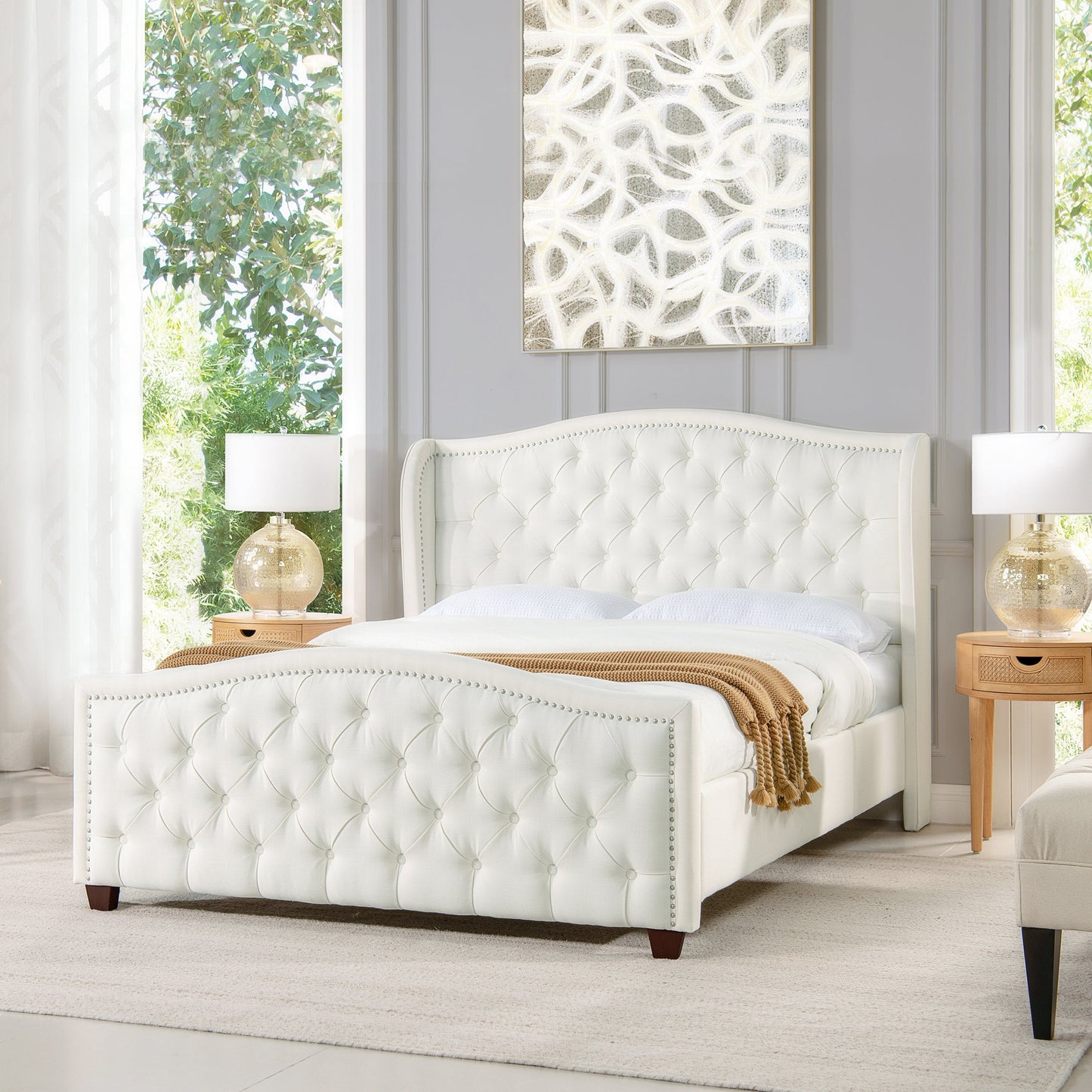 Fontana Wingback Upholstered Platform Bed Frame, Queen, Antique White Polyester White Foam Polyester