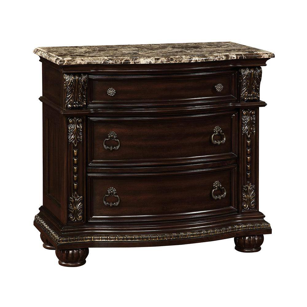 Formal Traditional 1Pc Nightstand Only Brown Cherry Solid Wood 3 Drawers Bedroom Furniture Genuine Marble Top Brown Brown 3 Drawers Bedroom Bedside Cabinet Traditional Drawers Cherry Solid Wood