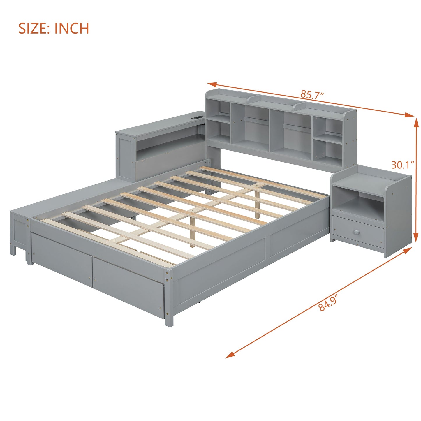 Full Size Wooden Platform Bed With Multi Functional Storage Space, Nightstand, 2 Drawers, Usb Ports And Desk, Gray Full Gray Wood