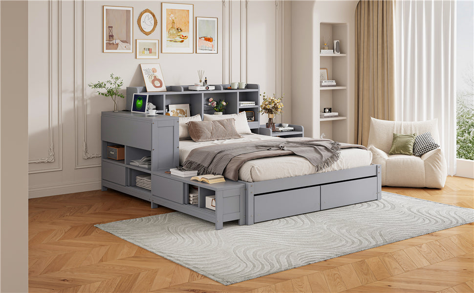 Full Size Wooden Platform Bed With Multi Functional Storage Space, Nightstand, 2 Drawers, Usb Ports And Desk, Gray Full Gray Wood