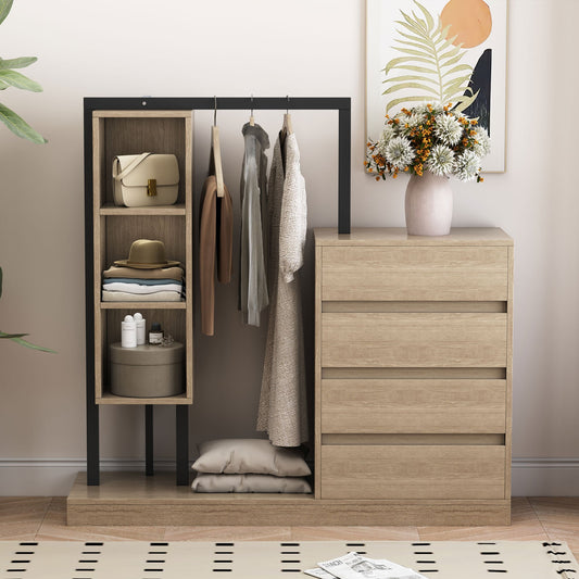 Wardrobe With 4 Drawers And 3 Shelves,Natural Natural Mdf Metal