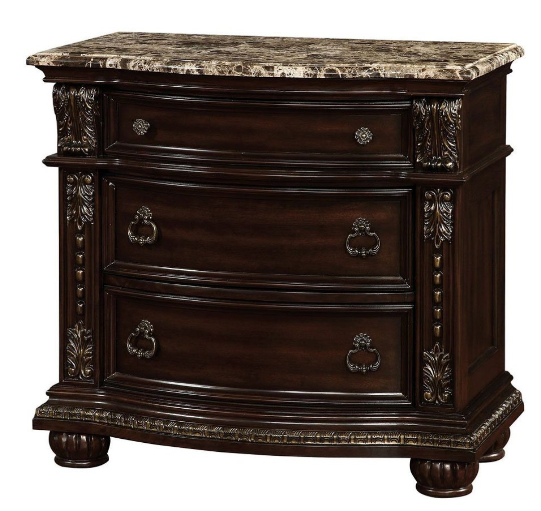 Formal Traditional 1Pc Nightstand Only Brown Cherry Solid Wood 3 Drawers Bedroom Furniture Genuine Marble Top Brown Brown 3 Drawers Bedroom Bedside Cabinet Traditional Drawers Cherry Solid Wood