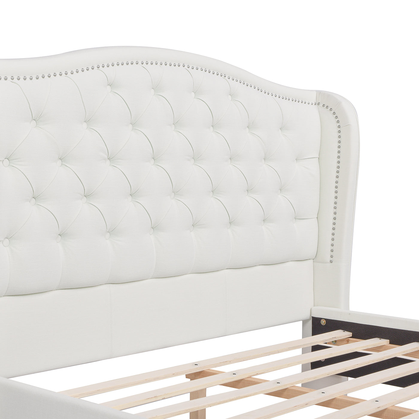 Fontana Wingback Upholstered Platform Bed Frame, Queen, Antique White Polyester White Foam Polyester