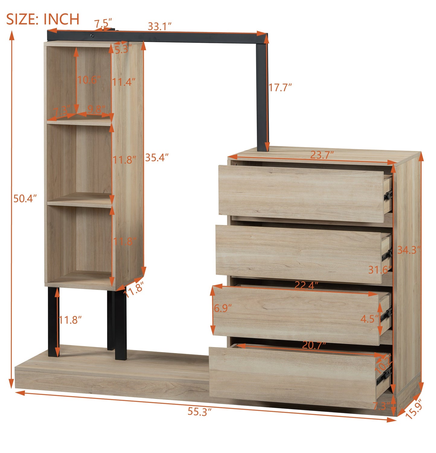 Wardrobe With 4 Drawers And 3 Shelves,Natural Natural Mdf Metal