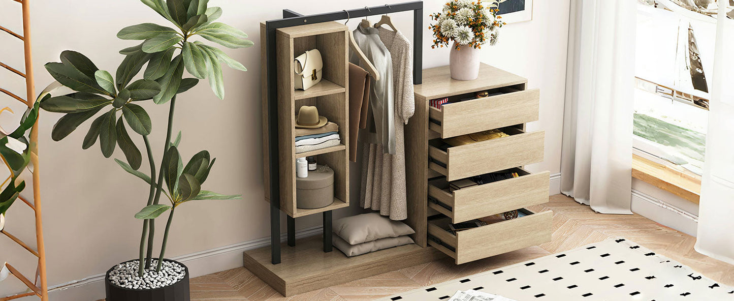 Wardrobe With 4 Drawers And 3 Shelves,Natural Natural Mdf Metal